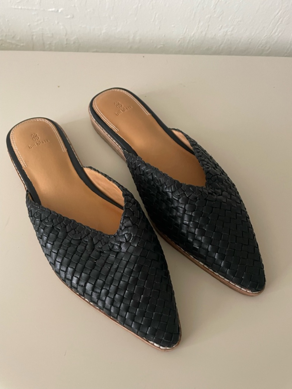 bill blass Black Woven Pointed-Toe Leather Mules